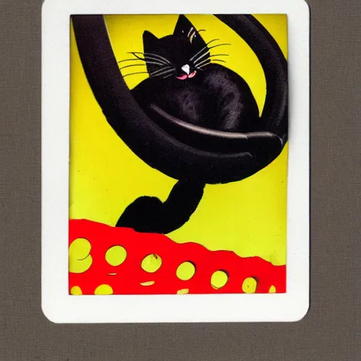 Image similar to happy black cat on a rollercoaster looping. focus on the cat. sunlight. polaroid photo. vivid colors.