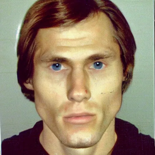 Image similar to A mugshot portrait of a man who looks like Jerma985 with medium length wavy hair, a combover and wearing late 1970s menswear in the late 1970s, taken in the late 1970s, grainy, realistic, hyperrealistic, very realistic, highly detailed, very detailed, extremely detailed, detailed, trending on artstation, front facing, front view, headshot and bodyshot, detailed face, very detailed face