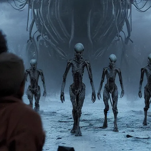 Prompt: a live action movie, set on an alien planet, macabre aliens roaming around, amazing cgi, horror, detailed