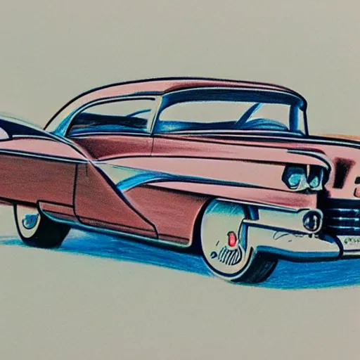 Image similar to a color pencil design sketch for a 5 0 s flying cadillac car with plane wings