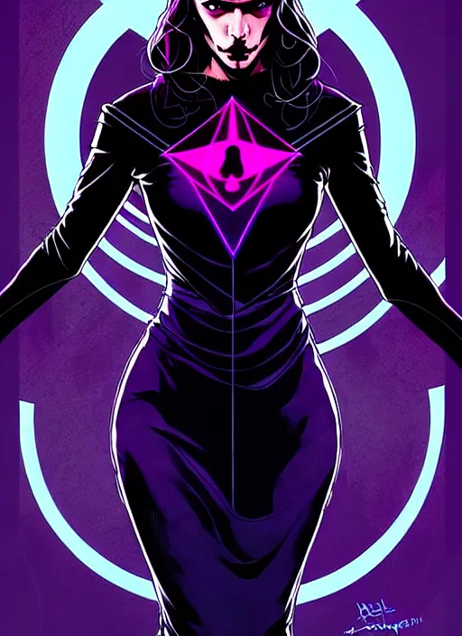 Image similar to rafael albuquerque comic cover art, artgerm, joshua middleton, pretty stella maeve witch doing black magic, serious look, purple dress, symmetrical eyes, symmetrical face, long black hair, full body, twisted evil dark forest in the background, cool colors