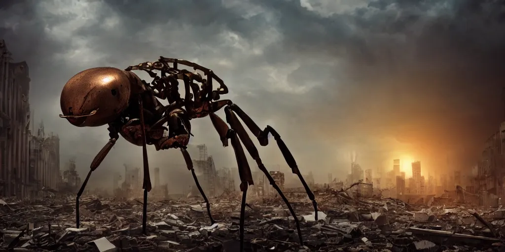 Image similar to giant steampunk ant in a destroyed city, 8 k, moody lighting, shallow depth of field,