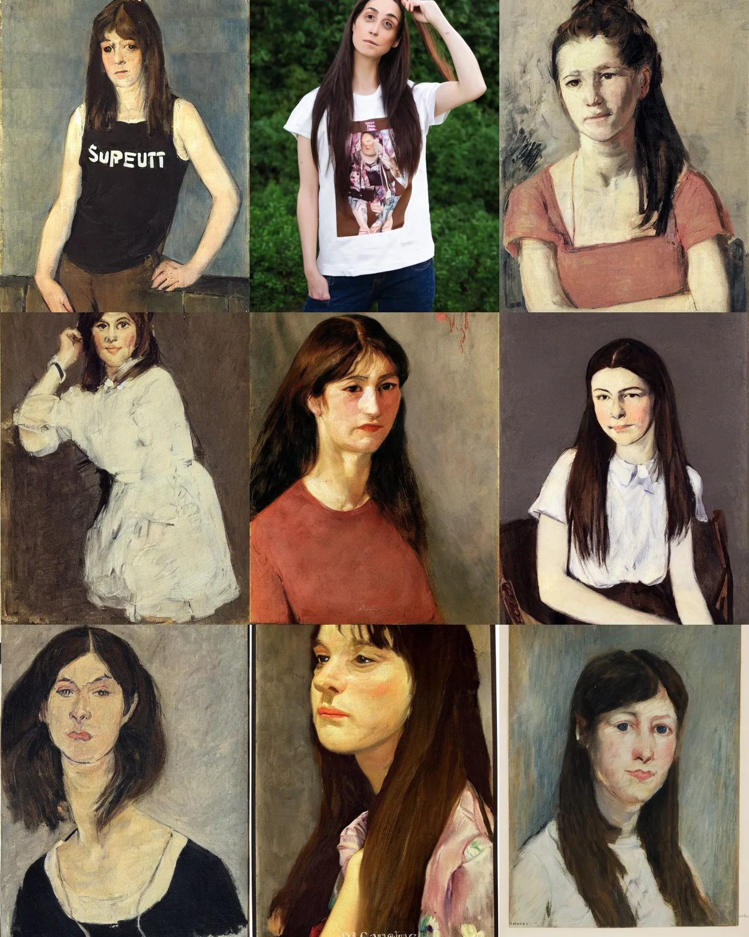 Prompt: a portrait of a woman by mary cassat. she has long straight dark brown hair, parted in the middle. she has large dark brown eyes, a small refined nose, and thin lips. she is wearing a t - shirt with the supreme brand logo on it, a sleeveless white blouse, a pair of dark brown capris, and black loafers.