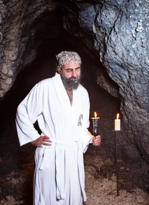 Image similar to photograph of a jewish prophet in his 3 0 s wearing a white robe, cinematic, epic framing, closeup, dslr, spiritual, candle lit cave background