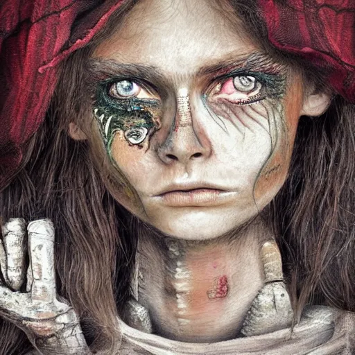 Prompt: a detailed portrait of a beautiful vagabond woman in dessert rags, striking features, metal eyes, robot eyes