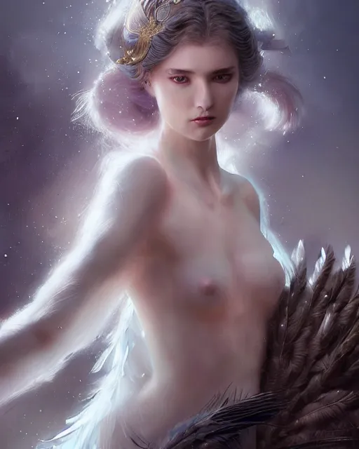 Prompt: a ( ( girl as personification of intellect ) ), beauty, fantasy, she is wearing robe of feathers, digital painting by krenz cush art, greg rutkowski, artgerm, laurie greasly, wlop, intricate, highly detailed!!, sharp focus, smooth, epic composition, unreal engine, masterpiece, 8 k, interesting background