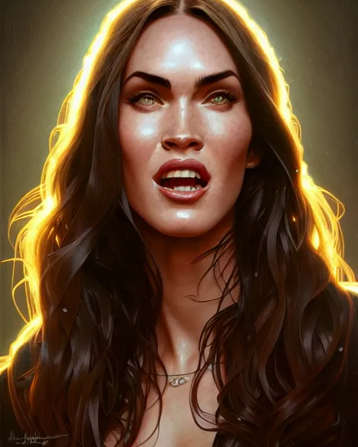 Image similar to portrait of megan fox laughing, intricate, headshot, highly detailed, digital painting, artstation, concept art, sharp focus, cinematic lighting, illustration, art by artgerm and greg rutkowski, alphonse mucha, cgsociety