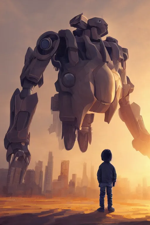 Image similar to a kid in front of giant robot, megalophobia, digital art, trending on artstation, epic