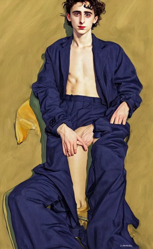 Prompt: Timothee Chalamet, the most beautiful androgynous man in the world, intense painting, sunny day at beach, tropical island, +++ super supper supper dynamic pose,  digital art, +++ quality j.c. leyendecker, limited edition, shiny, veiny hands, thick eyebrows, masculine appeal high fashion