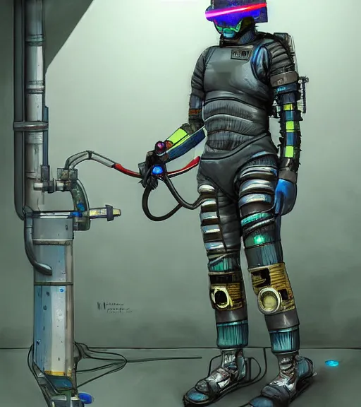 Prompt: realistic cyberpunk japanese engineer with long limbs and a black spacesuit welding a wall, techwear, dead space, visible face, Industrial Scifi, detailed illustration, character portrait, by Martin Grip and Moebius