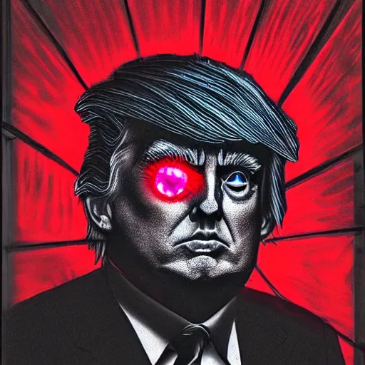 Image similar to dark gothic art of donald trump with glowing red laser eyes