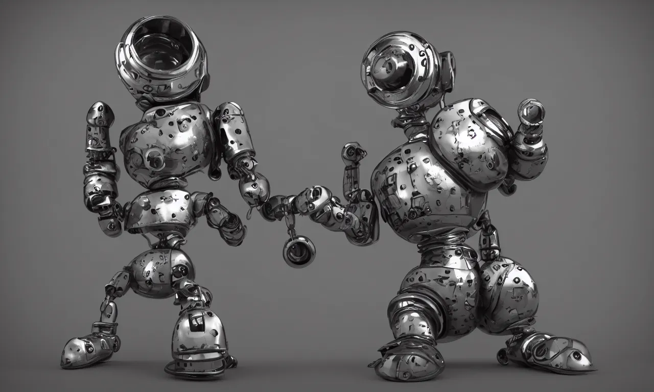 Image similar to a cute little tin can robot made from scrap metal, hyper realistic, cinematic, octane render, black shadowy background