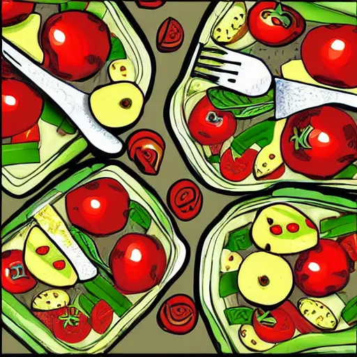 Image similar to acid style vinyl cover, salad with olives, tomatos and boiled eggs, highly detailed, digital painting