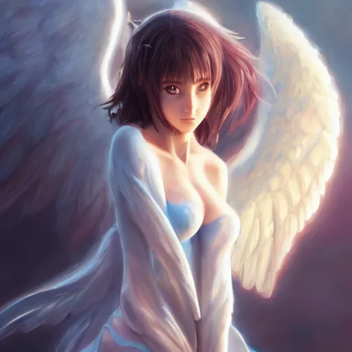 Image similar to an oil painting of a beautiful anime girl with angel wings, by artgerm, wlop and greg rutkowski, hd, hdr, ue 5, ue 6, unreal engine 5, cinematic 4 k wallpaper, 8 k, ultra detailed, high resolution, artstation, award winning