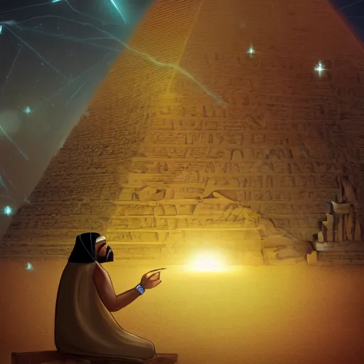 Prompt: a priest from ancient egypt conjures a magic spell at night next to the great pyramid of giza with glowing hieroglyphic symbols flowing out of her hands and lighting up the pyramid, dramatic lighting, digital art, artstation
