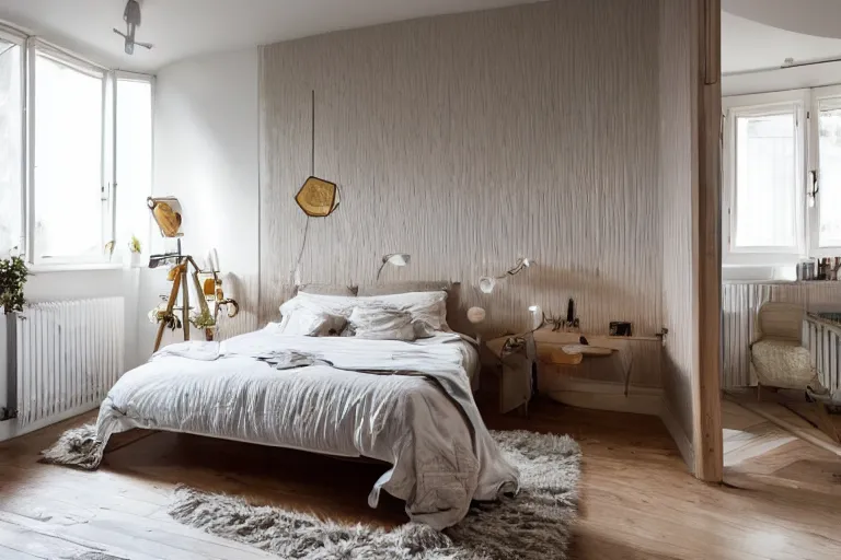 Image similar to A sunny bedroom, exquisite decoration, all Nordic style furniture, high tech