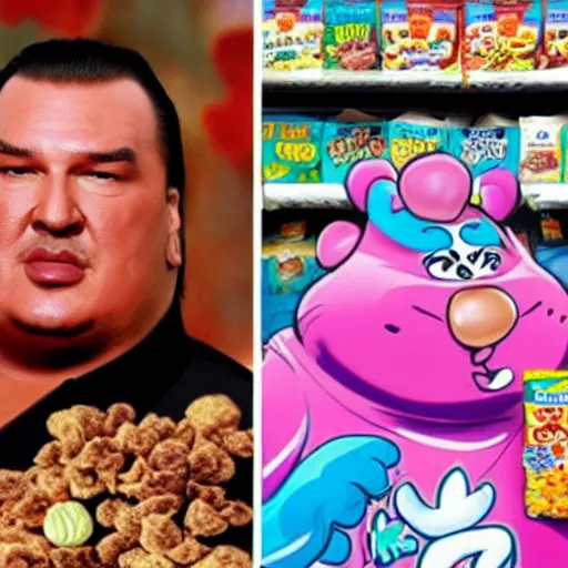 Prompt: obese steven seagal as sponsor of a sugary cereal called aikidos! with hideous cartoon rat mascot