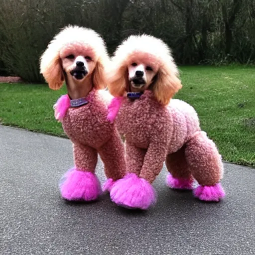 Prompt: two cute old toy poodles wearing pink shoes