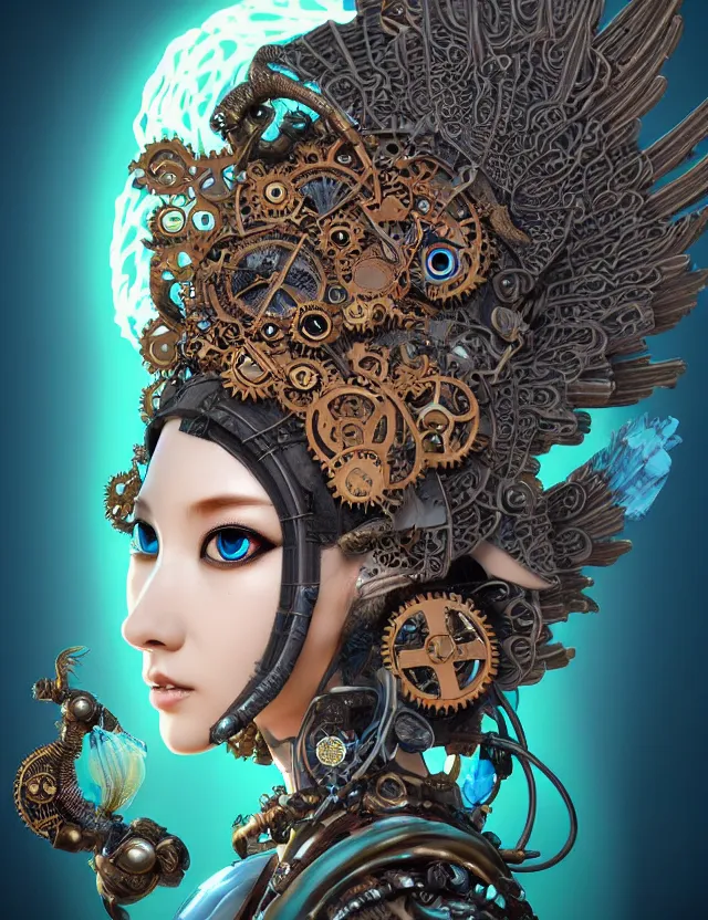 Image similar to 3 d goddess close - up profile steampunk portrait ram skull. beautiful intricately detailed japanese crow kitsune mask and clasical japanese kimono. betta fish, jellyfish phoenix, bio luminescent, plasma, ice, water, wind, creature, artwork by tooth wu and wlop and beeple and greg rutkowski