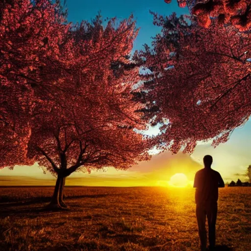 Prompt: man facing the sunset in a beautiful cherry tree forest