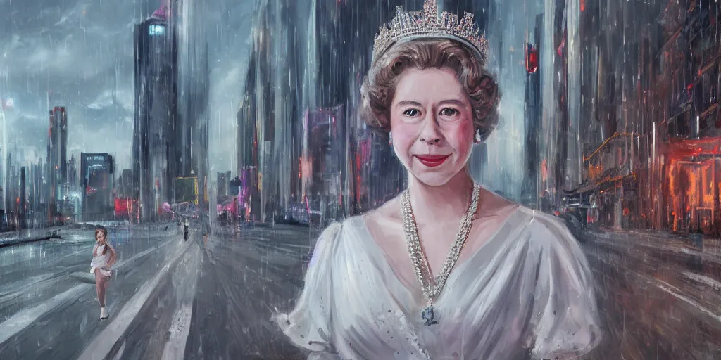 Prompt: ultra realistic painting of a young queen elizabeth ii in the 1 9 8 9 city of tacoma, wearing a wet white short dress, looking into the camera with a smirk while running in a cyberpunk city, art by ross draws, 4 k, ultra realistic, highly detailed, epic lighting