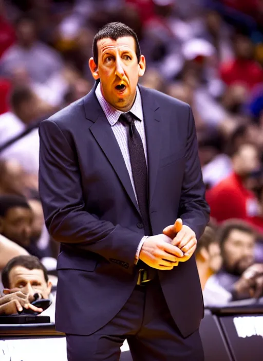 Image similar to film still of adam sandler as the head coach of the toronto raptors, portrait, photo, hyper detailed, dramatic, cinematic, 1 6 k