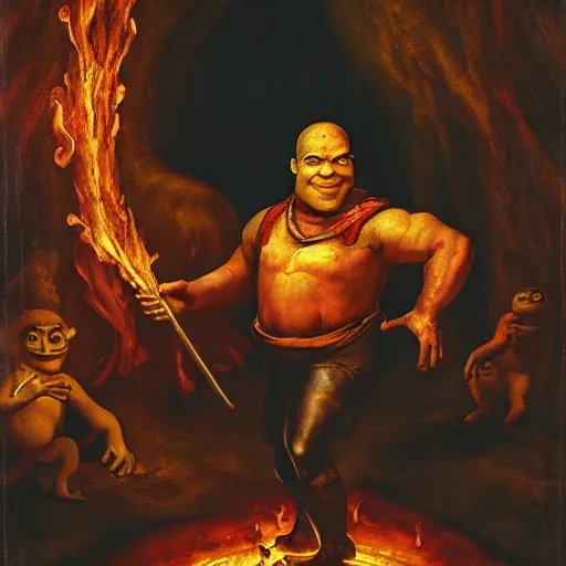 Image similar to baroque oil painting of shrek standing in hell, overcast, evil, lava and fire