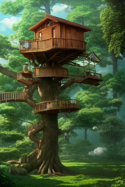 Image similar to treehouse, studio ghibli, octane render, 4 k