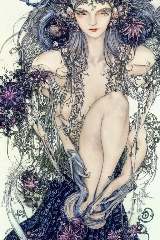 Prompt: dark fairy queen closeup face surrounded by floral frame, art by luis royo and walter crane and kay nielsen, watercolor illustration, sharp focus