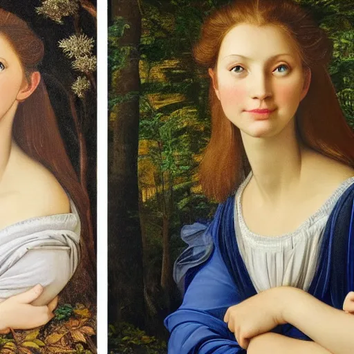 Prompt: full body portrait of a woman with blue eyes, gentle round face, with a bright smile, long dark hair, in a forest at night, highly detailed, deep focus, elegant, digital painting, smooth, sharp focus, golden ratio, illustration, ultra realistic, 8 k, art by artemisia lomi gentileschi and caravaggio