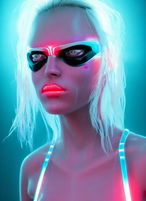 Image similar to a cool looking scandinavian female humanoid with freckled cheeks, cyber neon lighting, futurism, intricate futuristic jewelry accessories, cyberpunk glossy white latex swimsuit, profile posing, hyper photorealistic, crispy quality, digital photography, trending in artstation, trending in pinterest, cinematic, 4 k ultra hd, art by pascal blanche, art by greg rutkowski,