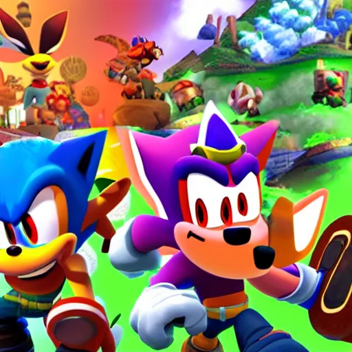 Image similar to crash bandicoot bros kirby super star ultra sonic the hedgehog gta style ratchet and clank