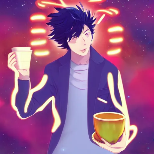 Prompt: A man drinking a cup of cosmic energy bright light by Masafumi Harada, 4k, digital art, surreal, anime style, space dandy style, highly detailed, godsend, artstation