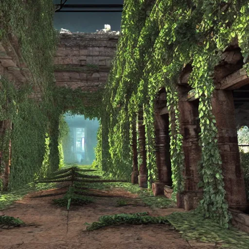 Image similar to Racks of computer equipment surrounded by ancient ruins and covered in vines, concept art, highly detailed, 8k, hyper realistic, unreal engine