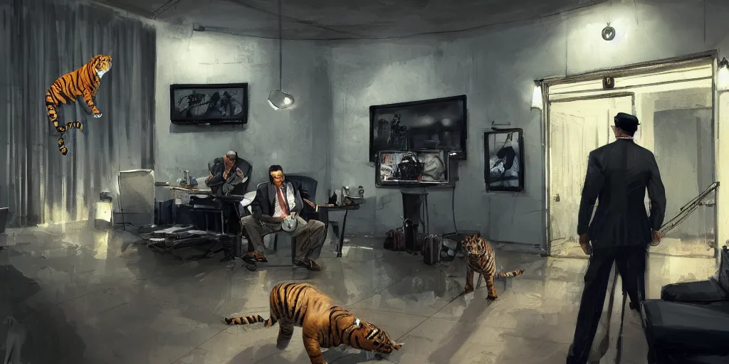 Image similar to a tiger in a suit is being interrogated by a detective dog at the police station, zenith view, warm color palette, night time, dramatic lighting, noir film, fine details, high contrast, blacksad, kim jung gi, greg rutkowski, trending on artstation, 8 k, ultra wide angle