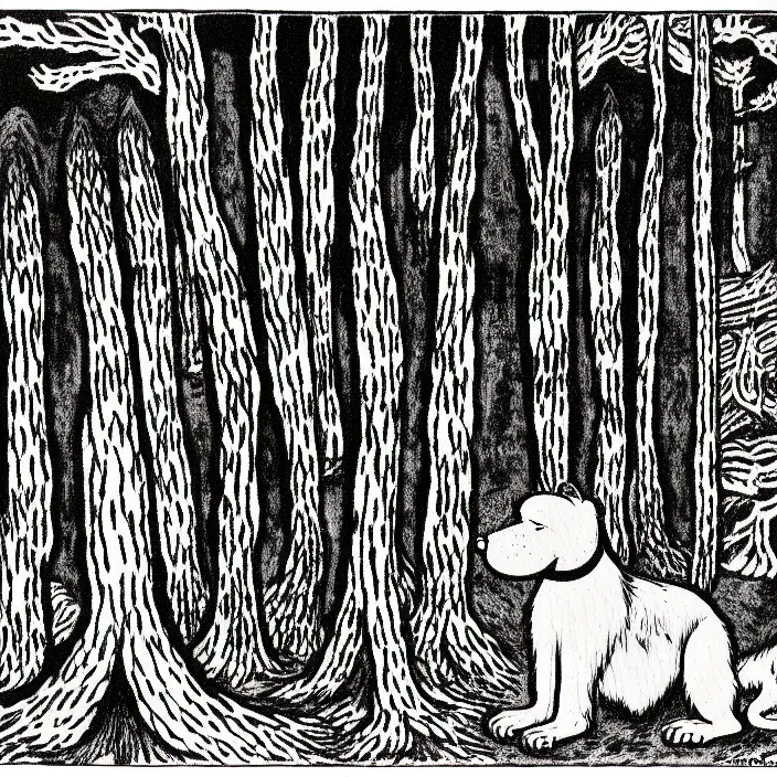 Prompt: a still frame from comic strip, one black furry hairy dog sitting in an ancient forest, centered composition 1 9 5 0, herluf bidstrup, new yorker illustration, monochrome bw, lineart, manga, tadanori yokoo, simplified,