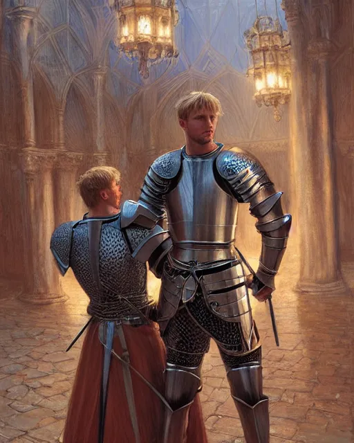 Image similar to attractive arthur pendragon confesses his love to his attractive male knight, they are close to each other, in a quiet moment, informal cloths, highly detailed, very intricate, cinematic lighting, by donato giancola and rossdraws and magali villenueve, featured on artstation