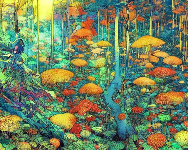 Prompt: A beautiful composition of a psychedelic forest, rich details, artwork by Satoshi Kon and Yoshitaka Amano