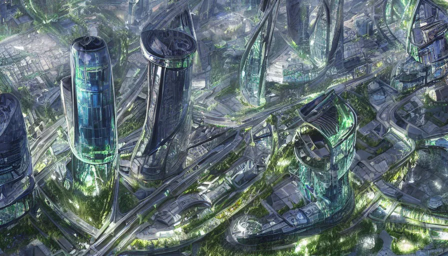 Prompt: Futuristic city of Liege with a big spiral glass tower in the center and a big canal and small green parks, hyperdetailed, artstation, cgsociety, 8k