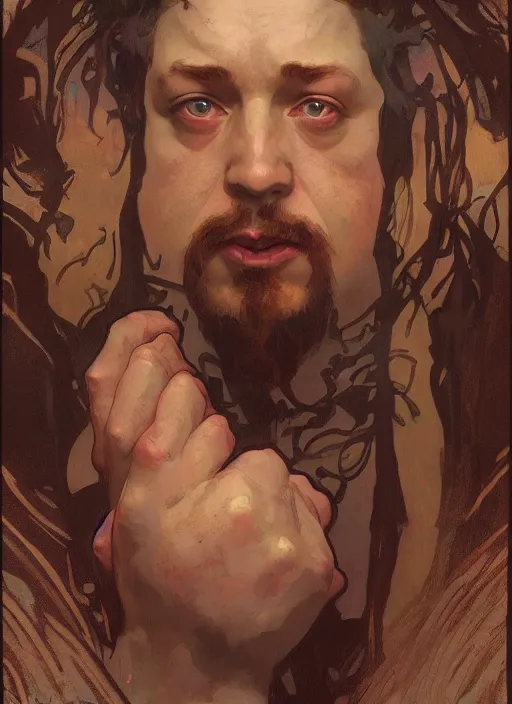 Image similar to the Birth of Sam Hyde, portrait art by alphonse mucha and greg rutkowski, highly detailed, digital painting, concept art, illustration, dim lighting with twilight rays of sunlight, trending on artstation, very detailed, smooth, sharp focus, octane render, close up