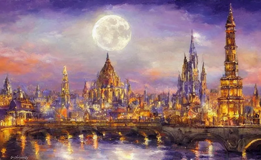 Prompt: Beautiful alchemy cityscpae, the moon is in the sky. By Konstantin Razumov, highly detailded