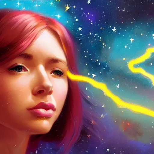 Image similar to half - shaded woman, multicolored hair, surrounded by lightning, cosmic background, with cute - fine - face, pretty face, realistic shaded perfect face, fine details by realistic shaded lighting poster by ilya kuvshinov katsuhiro otomo, magali villeneuve, artgerm, jeremy lipkin and michael garmash and rob rey