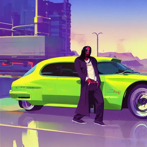 Image similar to snoop dogg driving, art gta 5 cover, official fanart behance hd artstation by jesper ejsing, by rhads, makoto shinkai and lois van baarle, ilya kuvshinov, ossdraws, and by feng zhu and loish and laurie greasley, victo ngai, andreas rocha, john harris