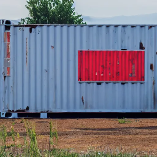 Image similar to photograph of a shipping container tyrannosaurus rex in a freight yard