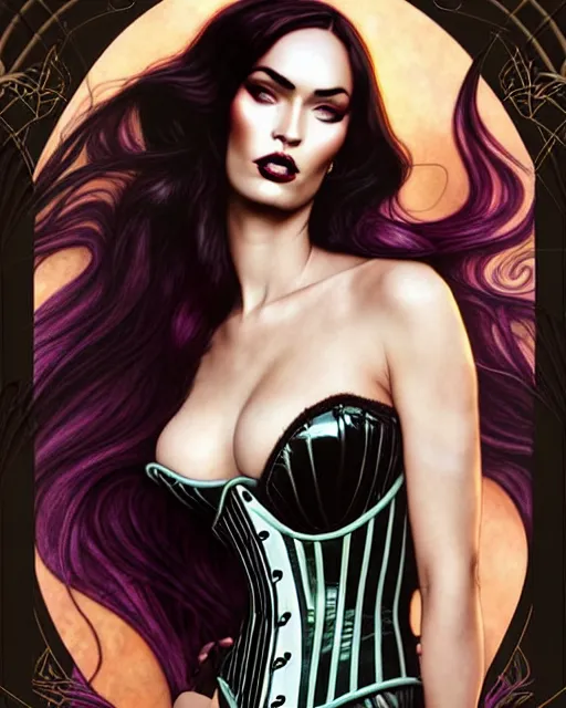 Prompt: new art nouveau portrait of fantasy succubus megan fox wearing a latex corset, anna dittmann, patrick nagle, charlie bowater and loish. long windblown hair, very large, clear, expressive, and intelligent eyes, ultrasharp focus, dramatic lighting, photorealistic digital matte painting, intricate ultra detailed background.