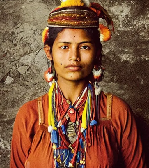 Prompt: vintage_portrait_photo_of_a_stunningly beautiful_nepalese_maiden in the himalayan mountains by Annie Leibovitz