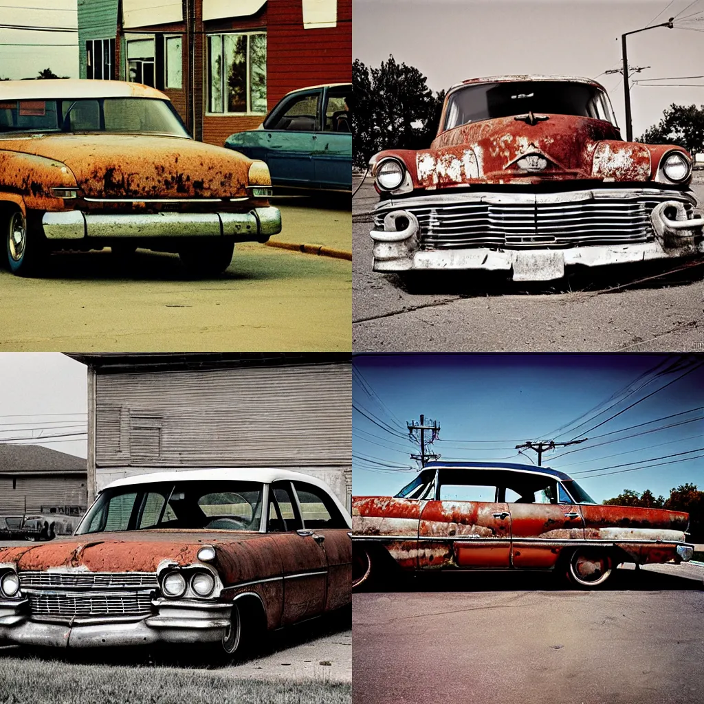 Prompt: A old rusty Buick parked in the parking lot of an small mid-western town by William Eggleston.