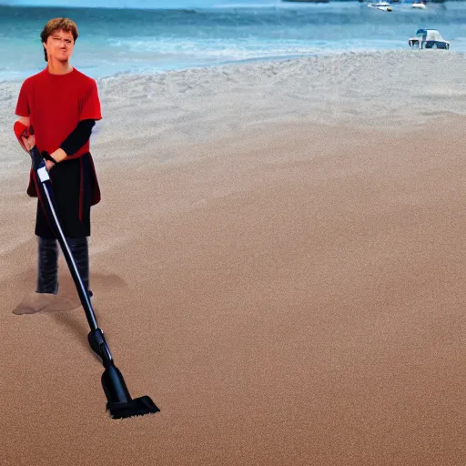 Image similar to anakin skywalker vacuuming the beach for sand, 4k, photorealistic,