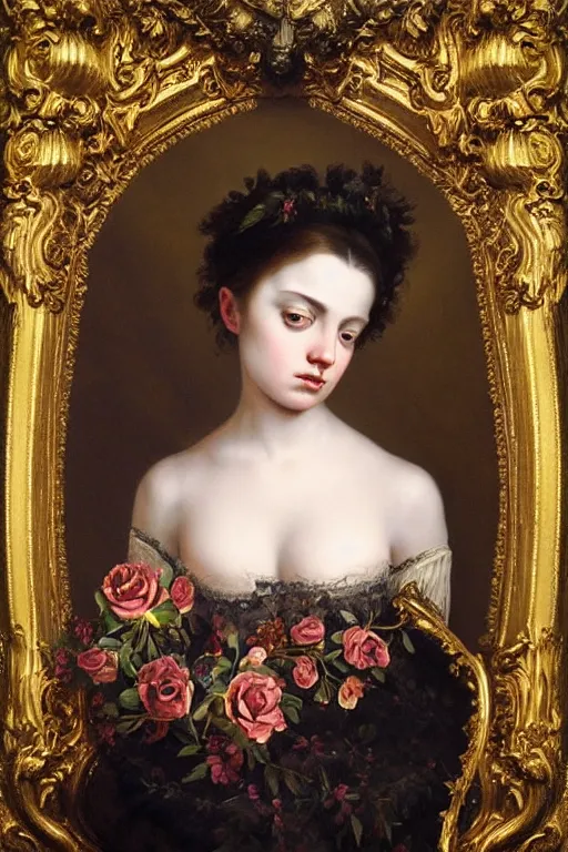 Image similar to hyper realistic painting portrait of the princess of roses, occult diagram, elaborate details, rococo, baroque, gothic, intrincate ornaments, gold decoration, caligraphy, occult art, illuminated manuscript, oil painting, art noveau, in the style of roberto ferri and gustav moreau