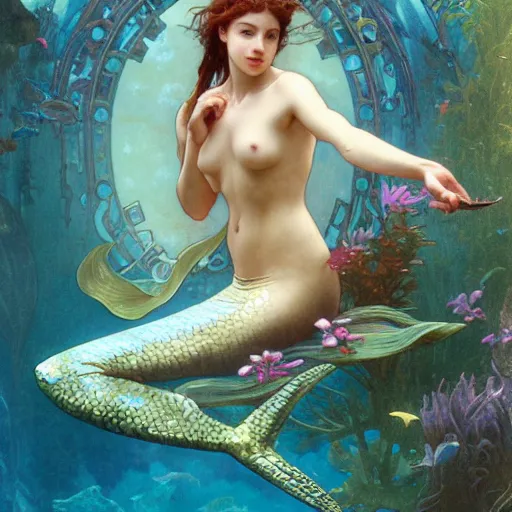 Image similar to mermaid trapped in an aquarium, intricate, art by artgerm and greg rutkowski and alphonse mucha and william - adolphe bouguereau, high detailed, 4 k,